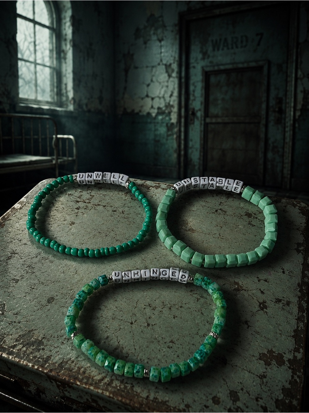 Unhinged Unwell Unstable Green Beaded Bracelet Set 9”